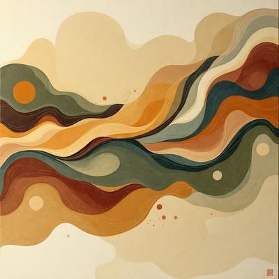 The primary subject of the image is a painting featuring a colorful, abstract design. The painting is set against a white background, which highlights the vibrant colors and patterns. The visual style of the painting is a mix of digital art and illustration, creating a unique and eye-catching piece of art. The dominant colors in the painting are orange, blue, and green, which contribute to a lively and energetic atmosphere.